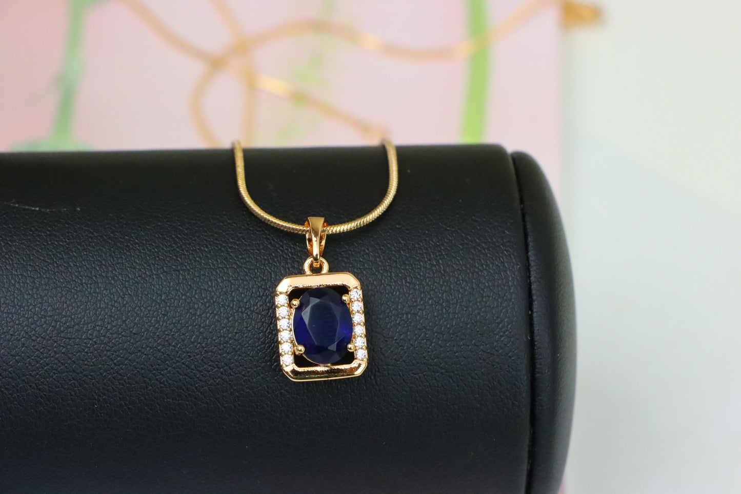 Rose Gold Rectangle Pendant with Blue Stone and Crystal Accents, XPPT1276 (2128-2)