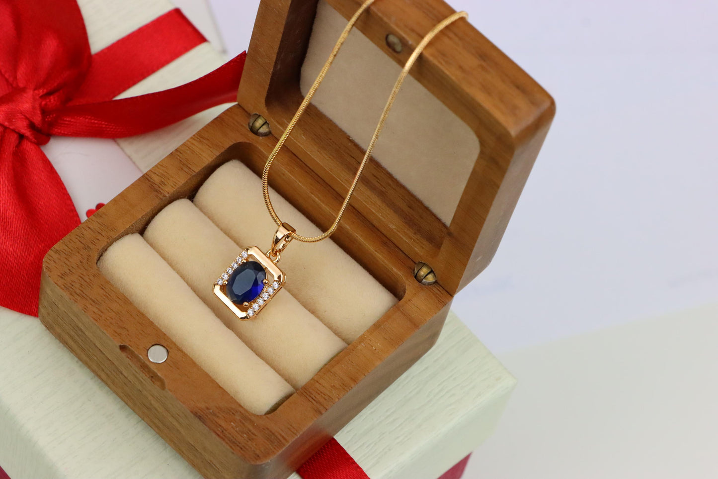 Rose Gold Rectangle Pendant with Blue Stone and Crystal Accents, XPPT1276 (2128-2)