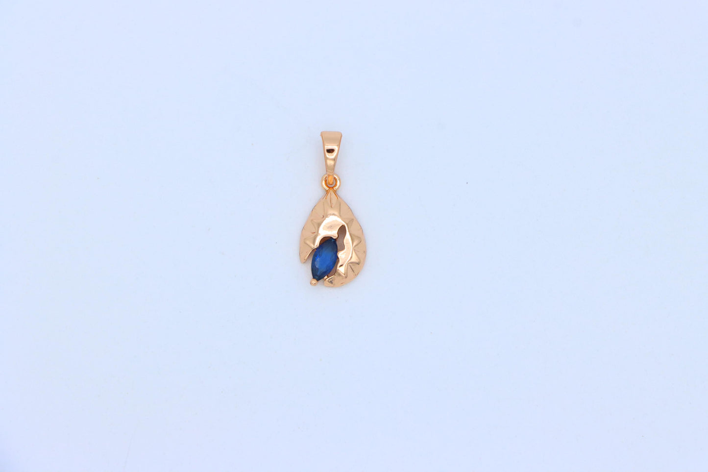 Teardrop Blue Stone Pendant with Textured Gold Plated Leaf Design, XPPT1721 (2150-9)