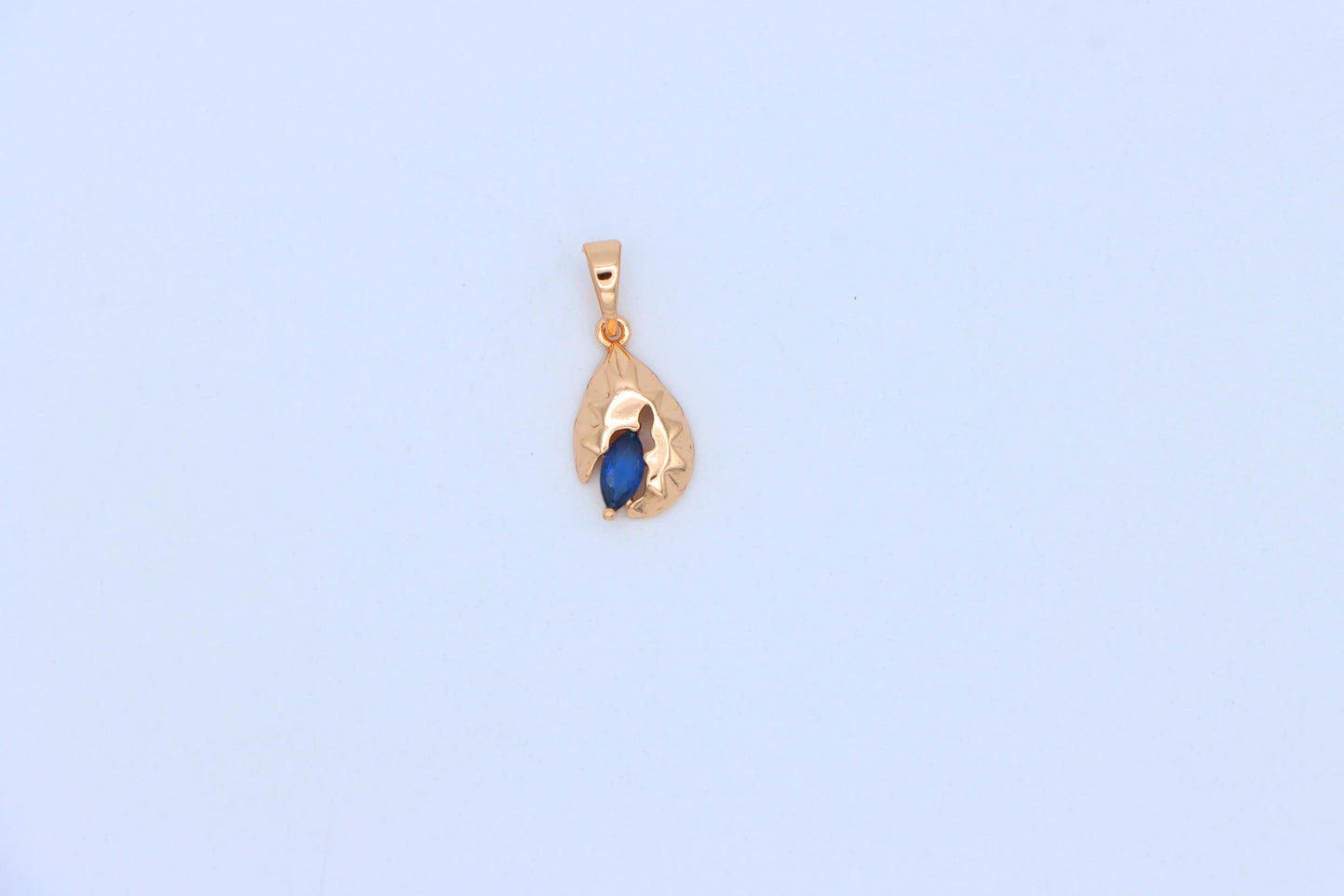 Teardrop Blue Stone Pendant with Textured Gold Plated Leaf Design, XPPT1721 (2150-9)