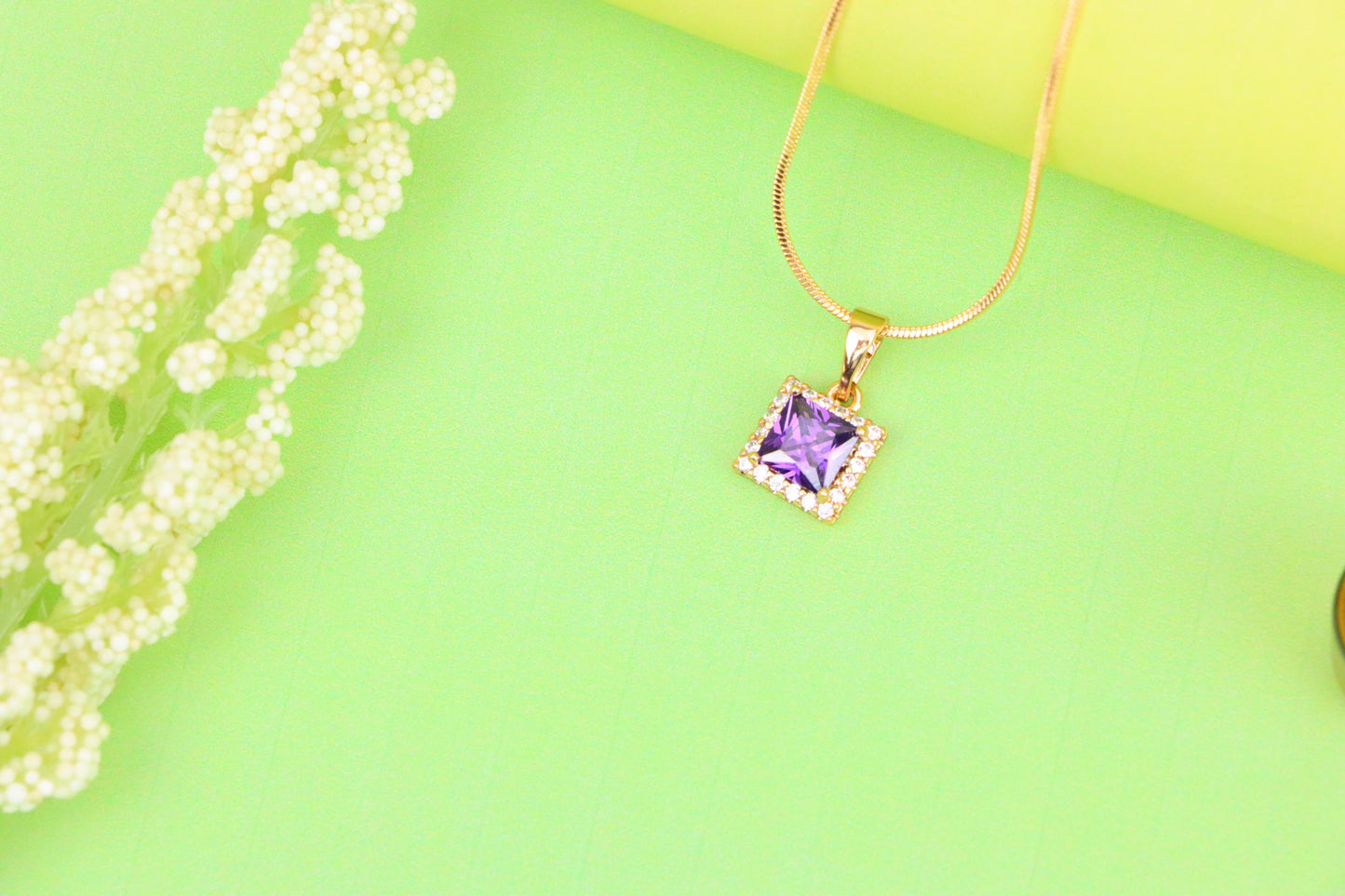 Rose Gold Pendant with Purple Princess-Cut Stone and Crystal Border, XPPT1277 (2128-3)