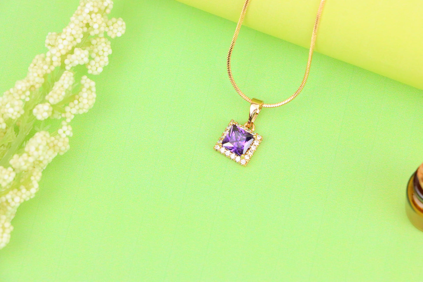 Rose Gold Pendant with Purple Princess-Cut Stone and Crystal Border, XPPT1277 (2128-3)