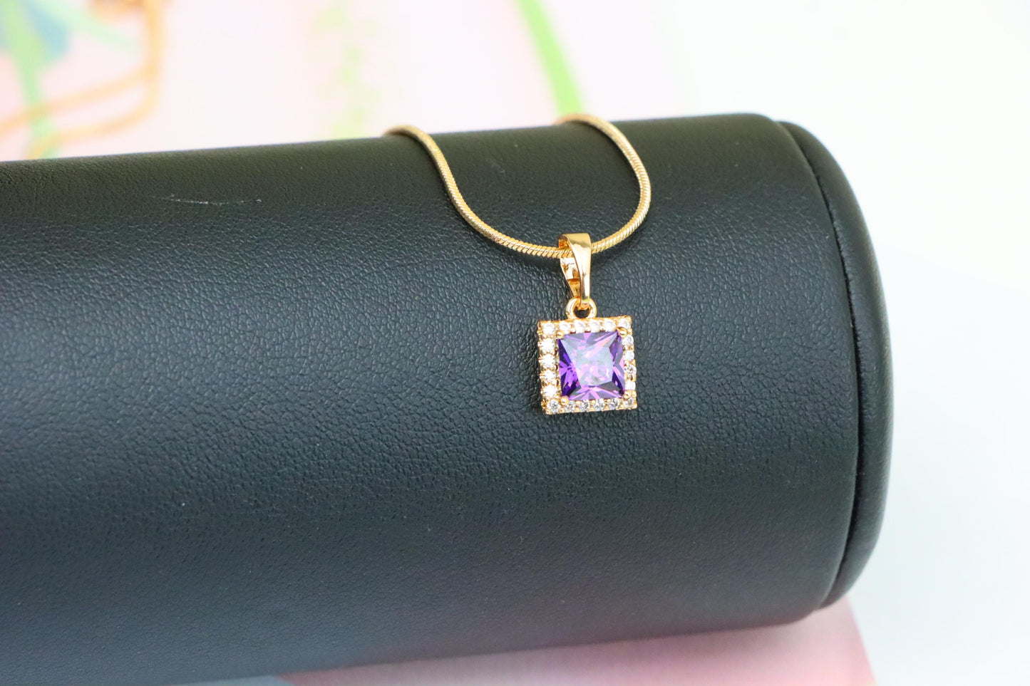 Rose Gold Pendant with Purple Princess-Cut Stone and Crystal Border, XPPT1277 (2128-3)