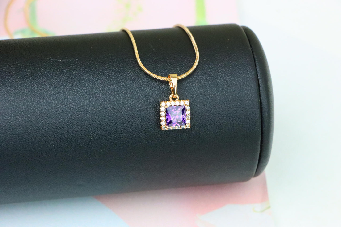 Rose Gold Pendant with Purple Princess-Cut Stone and Crystal Border, XPPT1277 (2128-3)