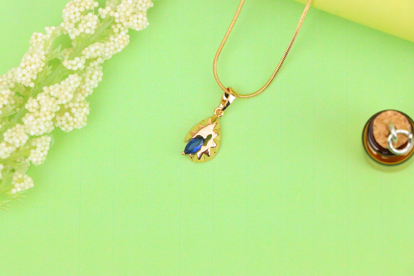 Teardrop Blue Stone Pendant with Textured Gold Plated Leaf Design, XPPT1721 (2150-9)