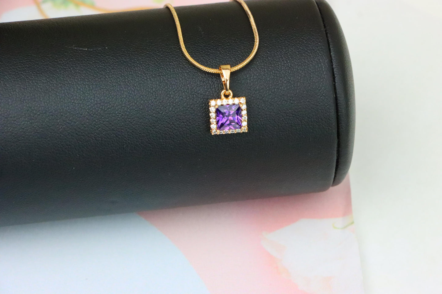 Rose Gold Pendant with Purple Princess-Cut Stone and Crystal Border, XPPT1277 (2128-3)