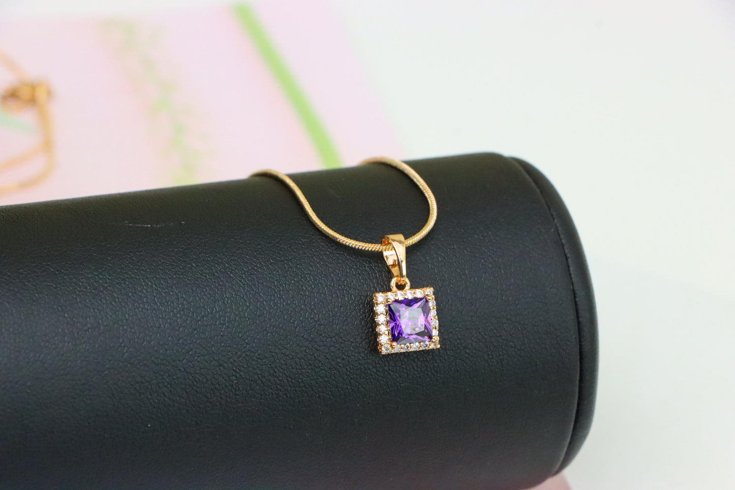 Rose Gold Pendant with Purple Princess-Cut Stone and Crystal Border, XPPT1277 (2128-3)