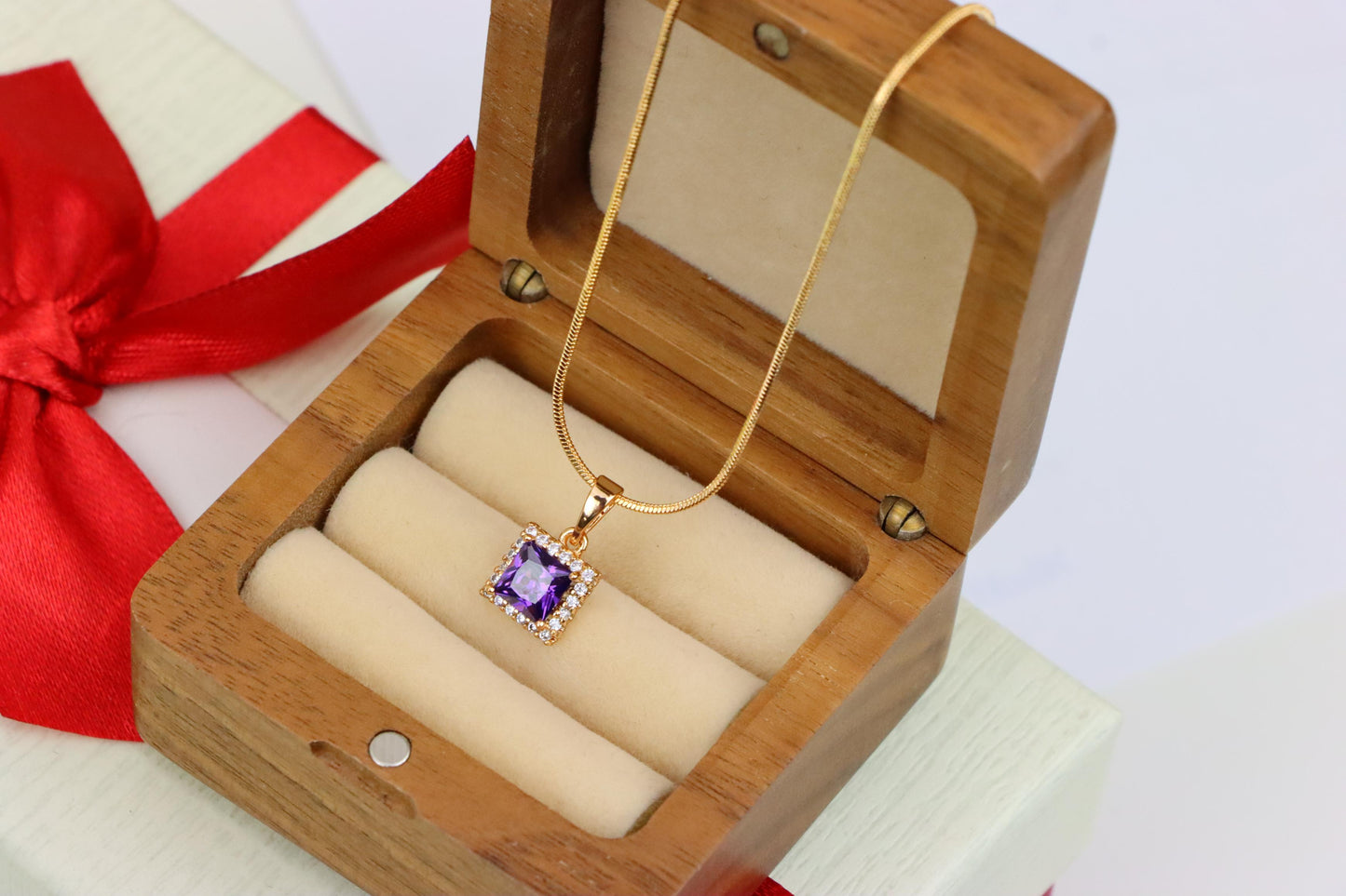 Rose Gold Pendant with Purple Princess-Cut Stone and Crystal Border, XPPT1277 (2128-3)