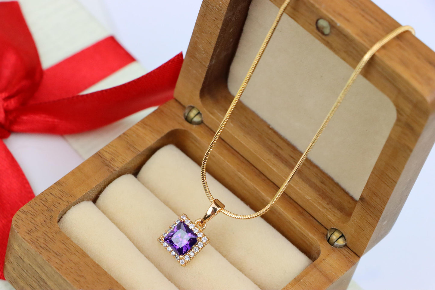 Rose Gold Pendant with Purple Princess-Cut Stone and Crystal Border, XPPT1277 (2128-3)