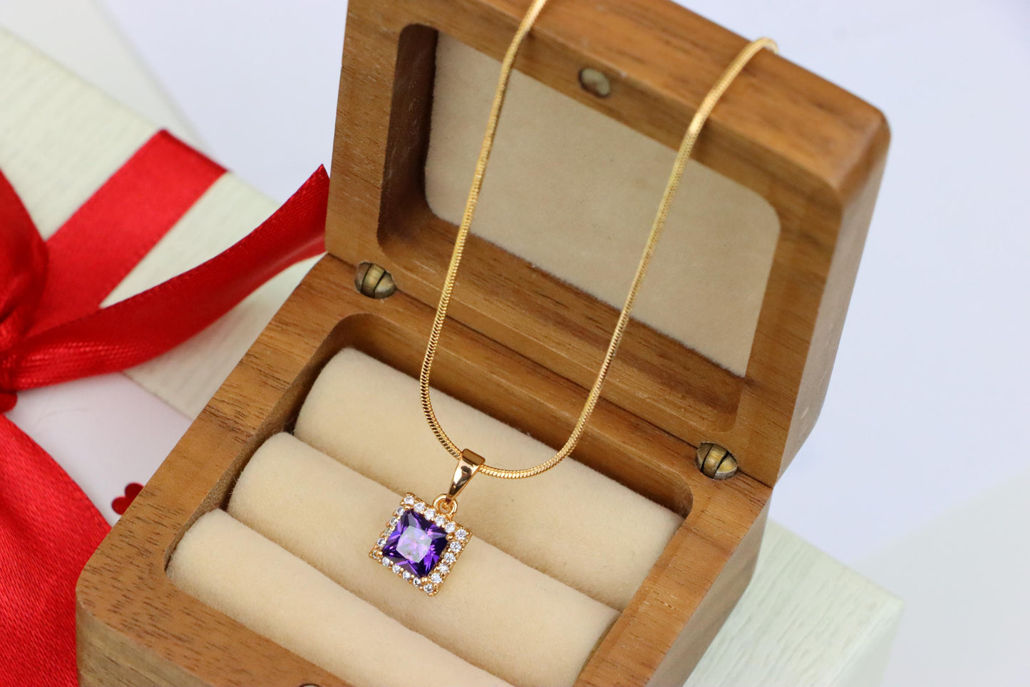 Rose Gold Pendant with Purple Princess-Cut Stone and Crystal Border, XPPT1277 (2128-3)