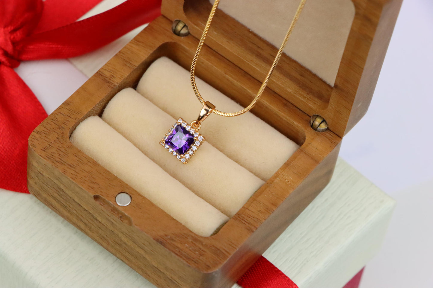 Rose Gold Pendant with Purple Princess-Cut Stone and Crystal Border, XPPT1277 (2128-3)