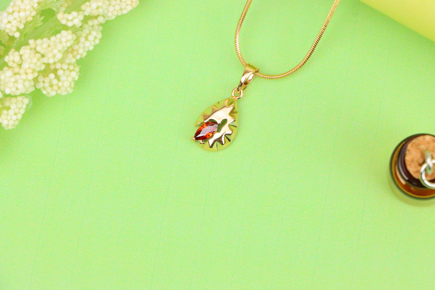 Gold Teardrop Pendant with Marquise Red Stone and Textured Design, XPPT1722 (2150-9)