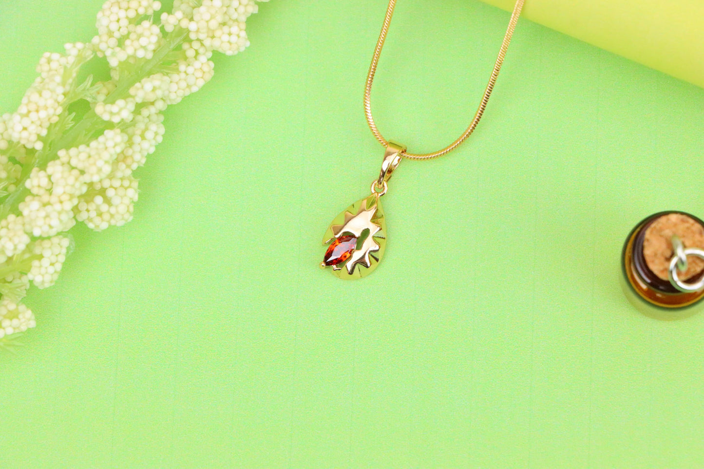 Gold Teardrop Pendant with Marquise Red Stone and Textured Design, XPPT1722 (2150-9)