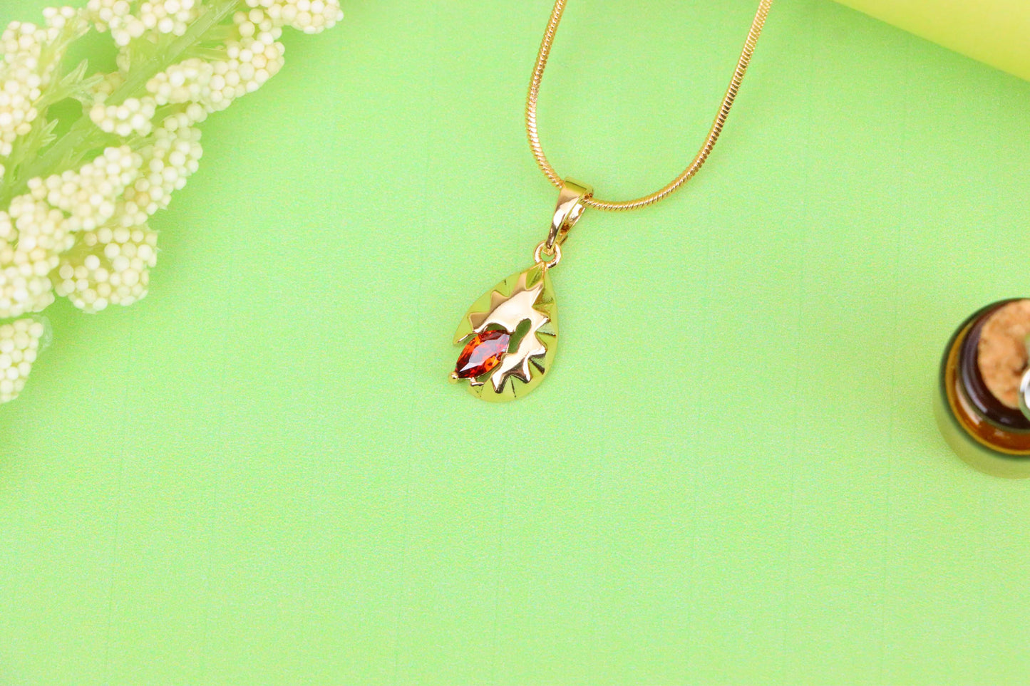 Gold Teardrop Pendant with Marquise Red Stone and Textured Design, XPPT1722 (2150-9)