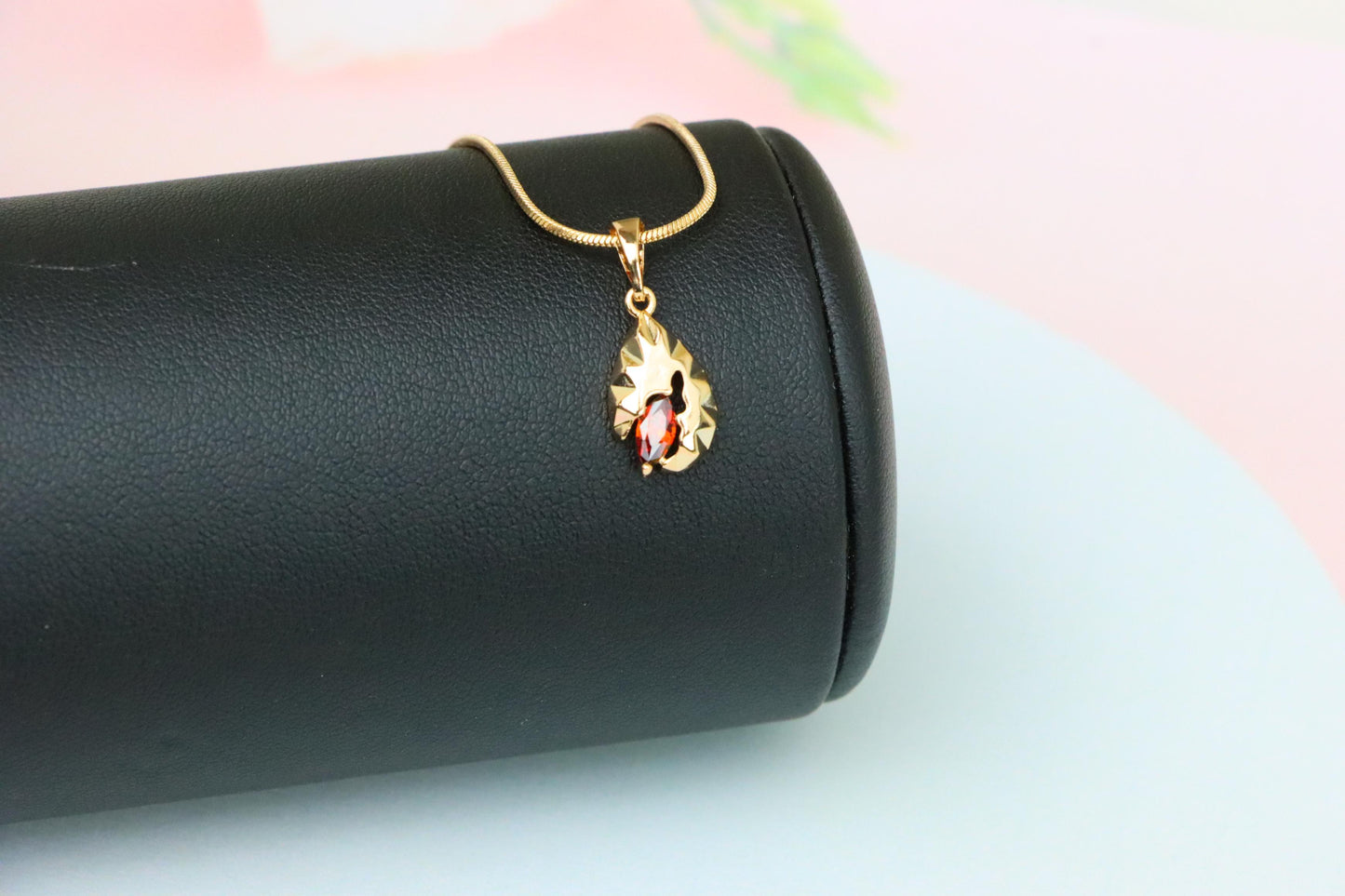 Gold Teardrop Pendant with Marquise Red Stone and Textured Design, XPPT1722 (2150-9)