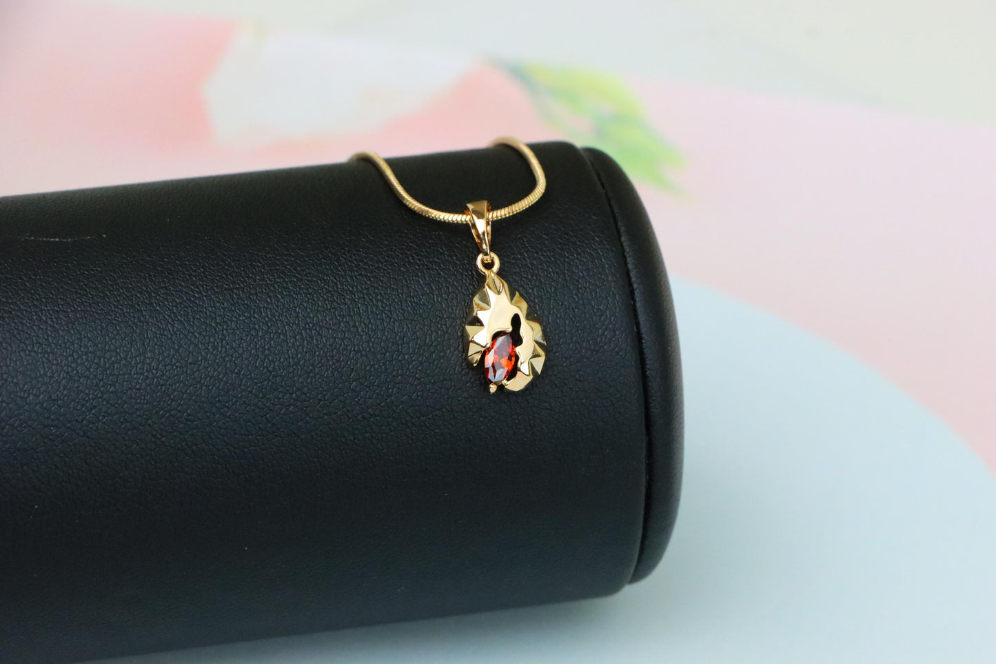 Gold Teardrop Pendant with Marquise Red Stone and Textured Design, XPPT1722 (2150-9)
