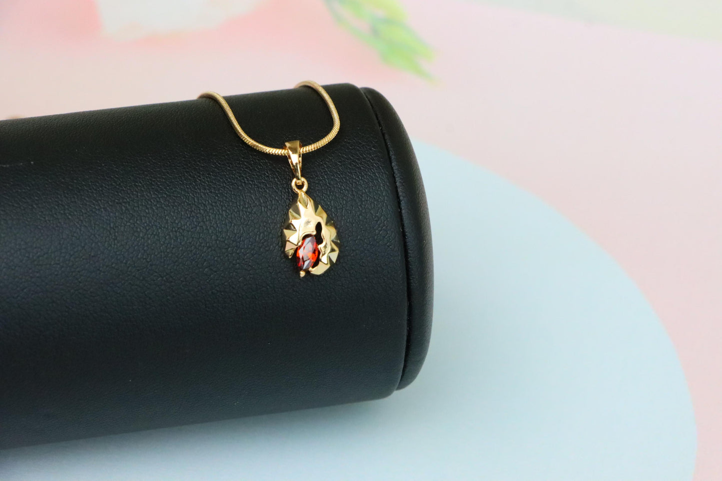 Gold Teardrop Pendant with Marquise Red Stone and Textured Design, XPPT1722 (2150-9)