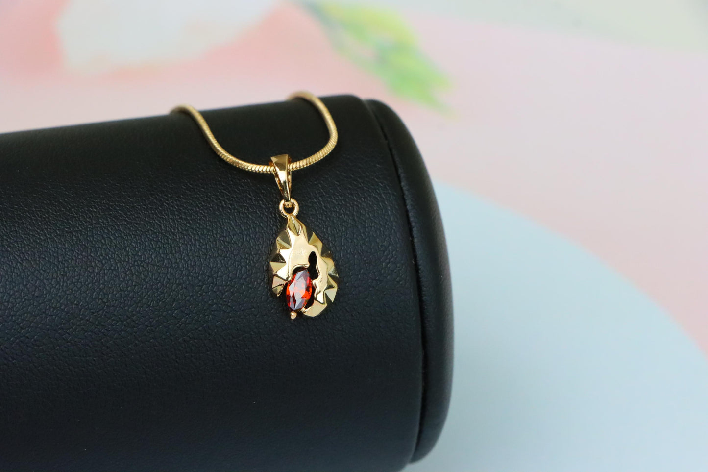 Gold Teardrop Pendant with Marquise Red Stone and Textured Design, XPPT1722 (2150-9)