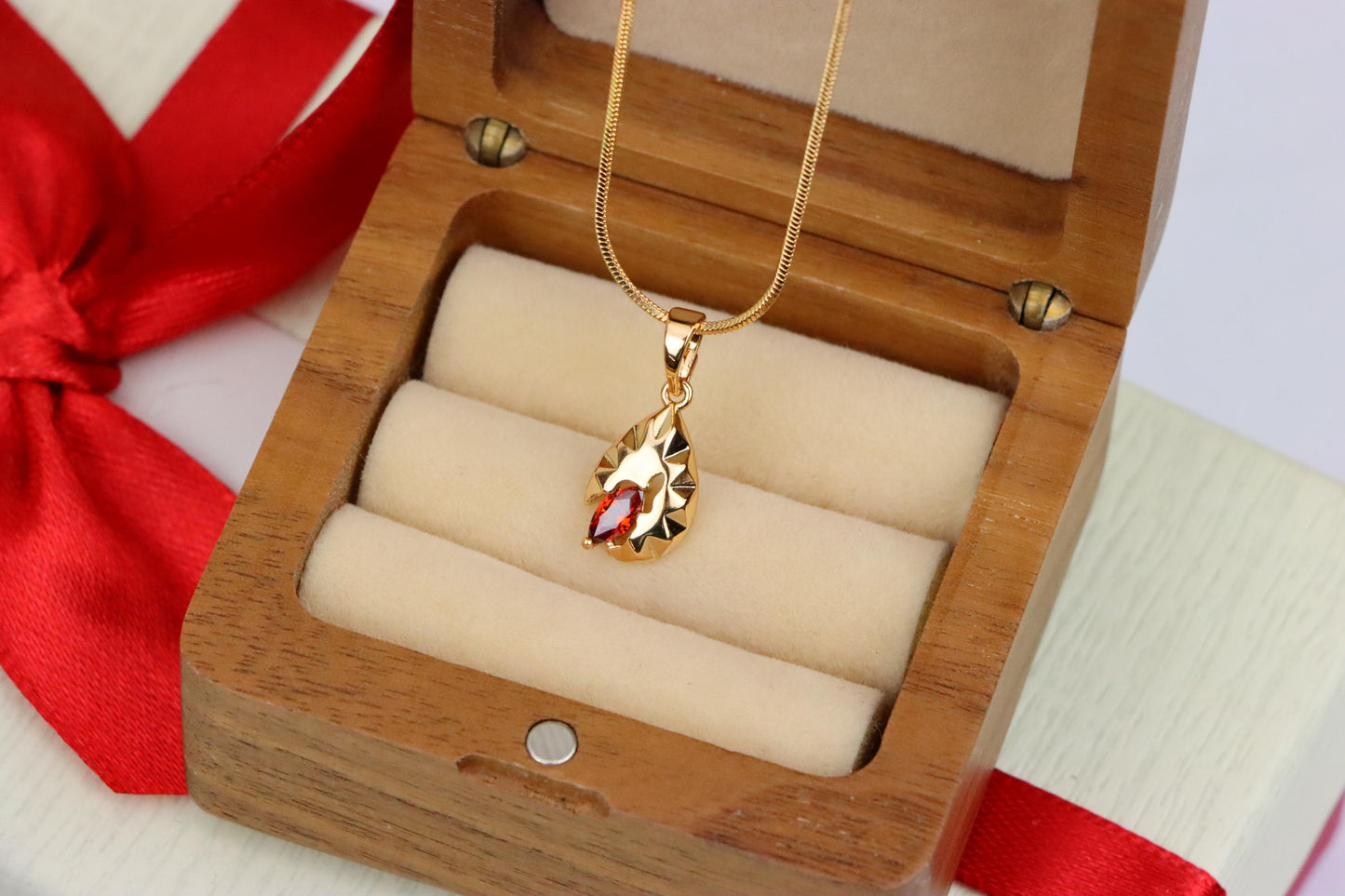 Gold Teardrop Pendant with Marquise Red Stone and Textured Design, XPPT1722 (2150-9)
