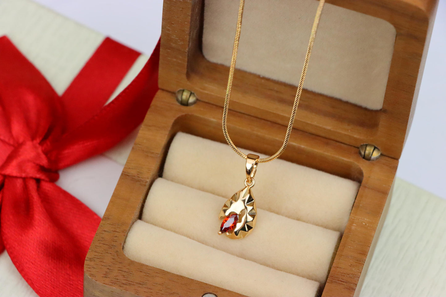 Gold Teardrop Pendant with Marquise Red Stone and Textured Design, XPPT1722 (2150-9)