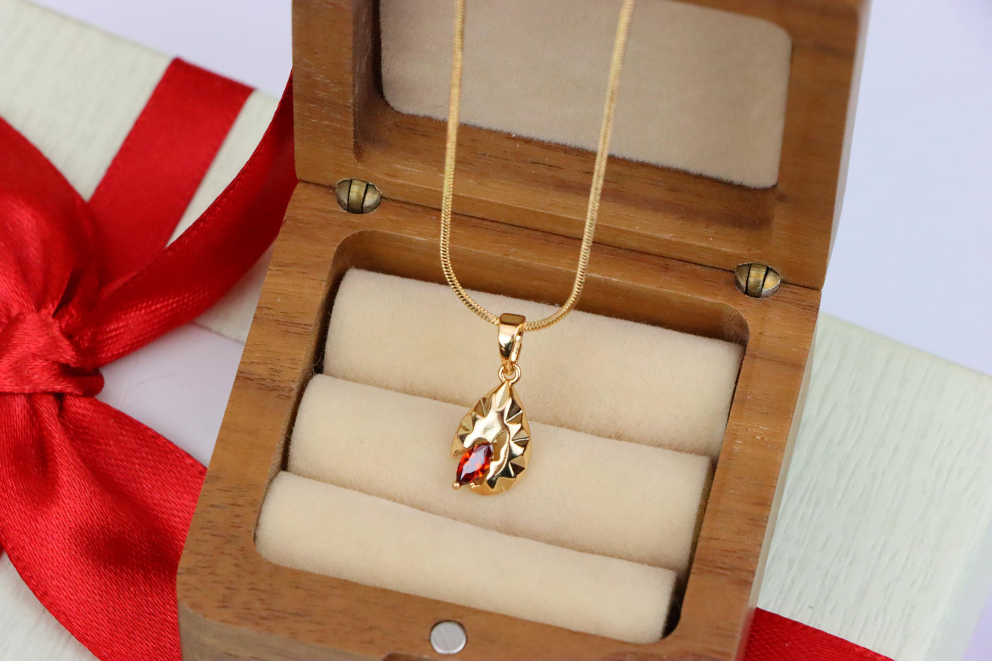 Gold Teardrop Pendant with Marquise Red Stone and Textured Design, XPPT1722 (2150-9)