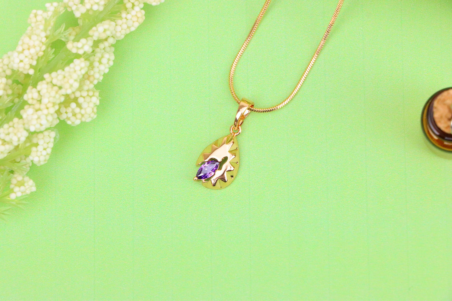 Gold Teardrop Pendant with Marquise Purple Stone and Artistic Texture, XPPT1723 (2150-9)