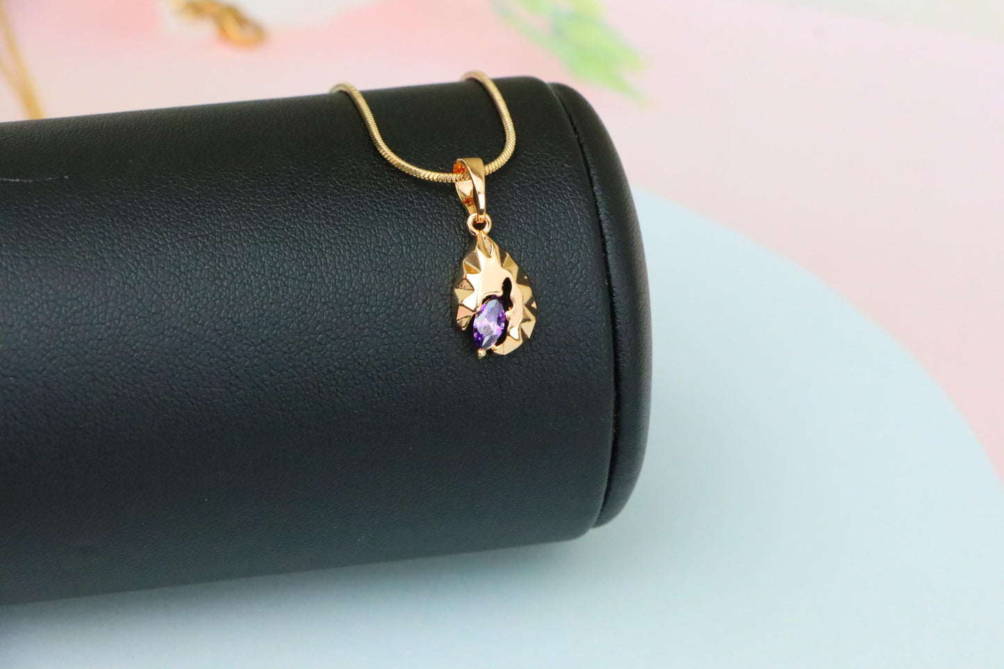 Gold Teardrop Pendant with Marquise Purple Stone and Artistic Texture, XPPT1723 (2150-9)