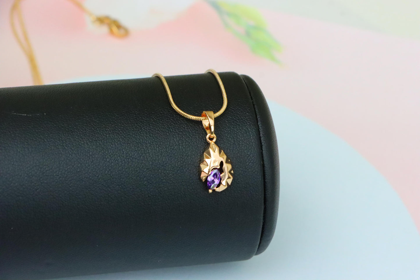Gold Teardrop Pendant with Marquise Purple Stone and Artistic Texture, XPPT1723 (2150-9)