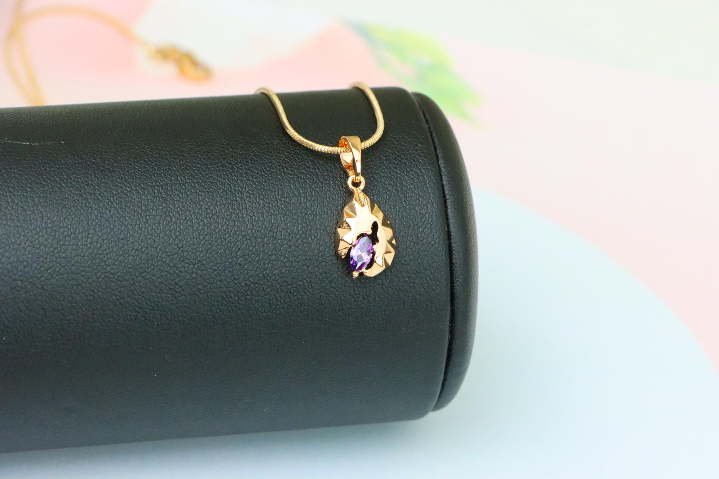 Gold Teardrop Pendant with Marquise Purple Stone and Artistic Texture, XPPT1723 (2150-9)