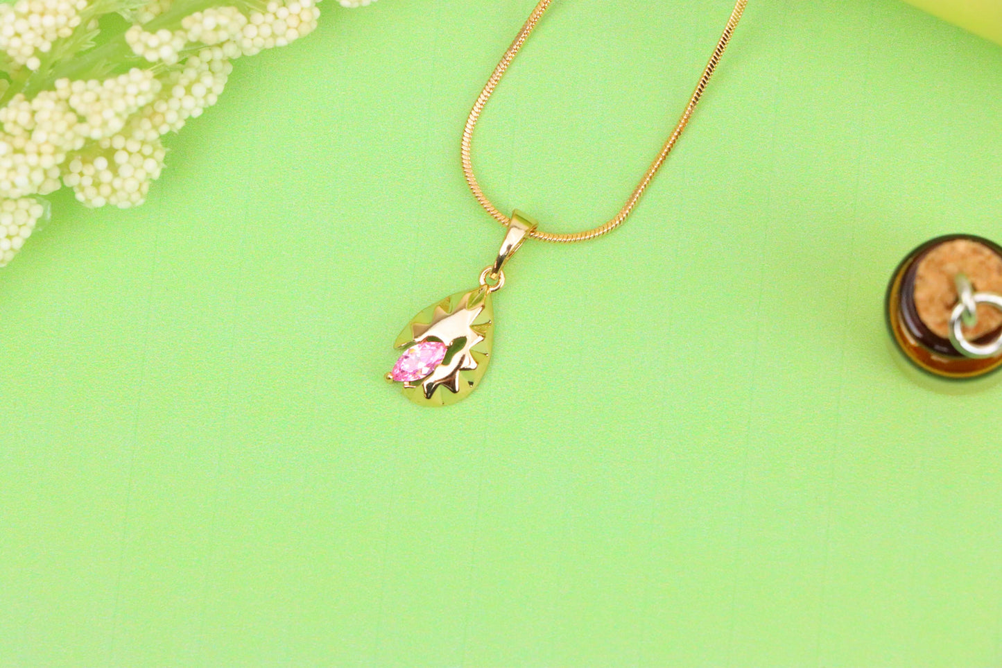 Gold Leaf Teardrop Pendant with Marquise Pink Stone Accent, XPPT1724 (2150-9)