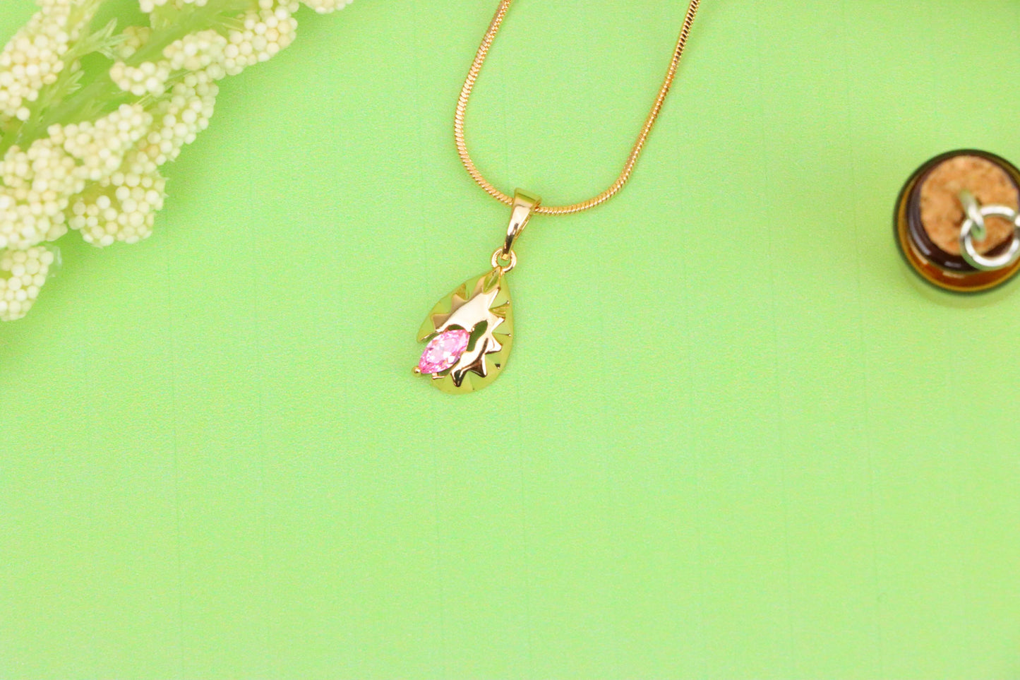 Gold Leaf Teardrop Pendant with Marquise Pink Stone Accent, XPPT1724 (2150-9)