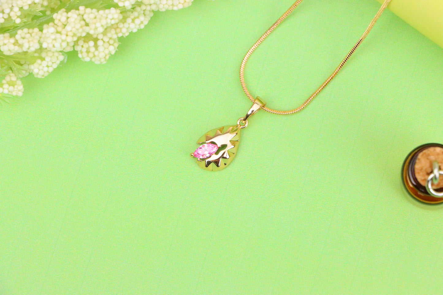 Gold Leaf Teardrop Pendant with Marquise Pink Stone Accent, XPPT1724 (2150-9)