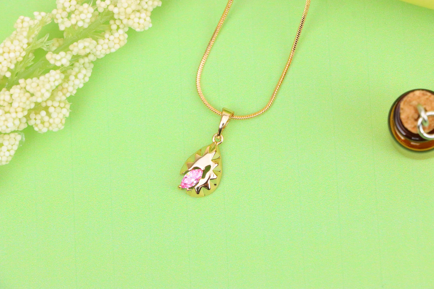 Gold Leaf Teardrop Pendant with Marquise Pink Stone Accent, XPPT1724 (2150-9)