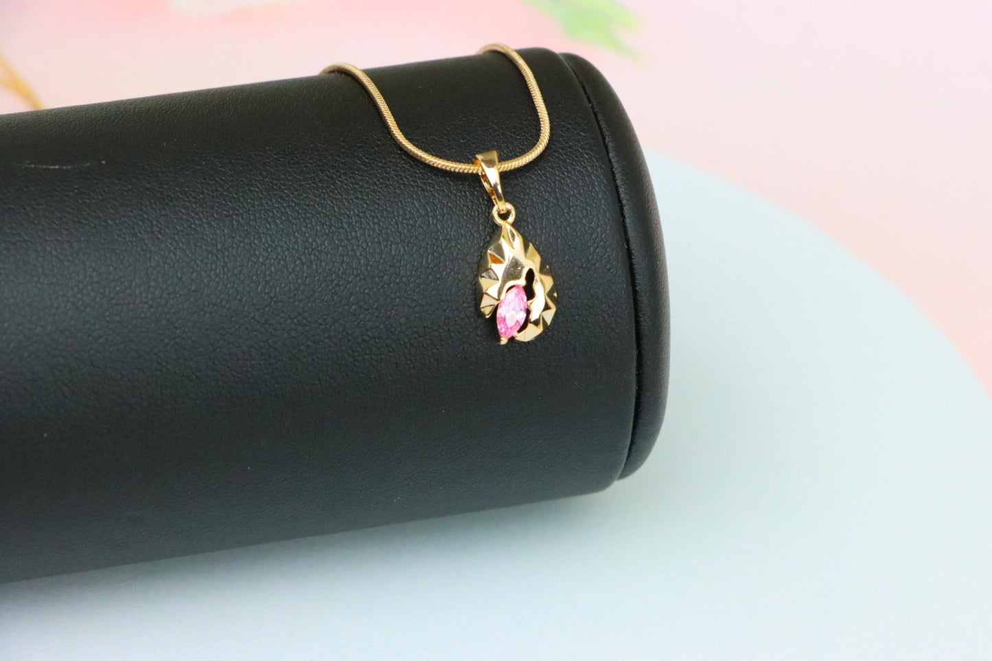 Gold Leaf Teardrop Pendant with Marquise Pink Stone Accent, XPPT1724 (2150-9)