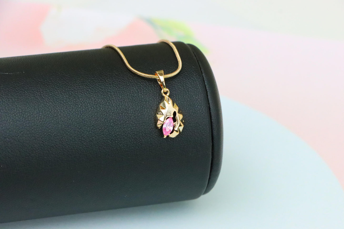 Gold Leaf Teardrop Pendant with Marquise Pink Stone Accent, XPPT1724 (2150-9)
