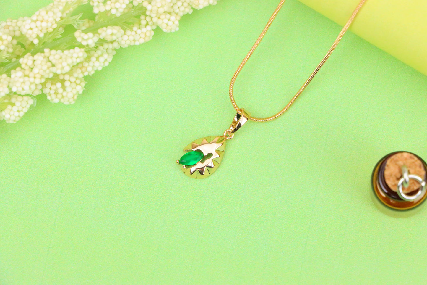 Teardrop Leaf Pendant with Marquise Green Stone in Gold Finish, XPPT1726 (2150-9)