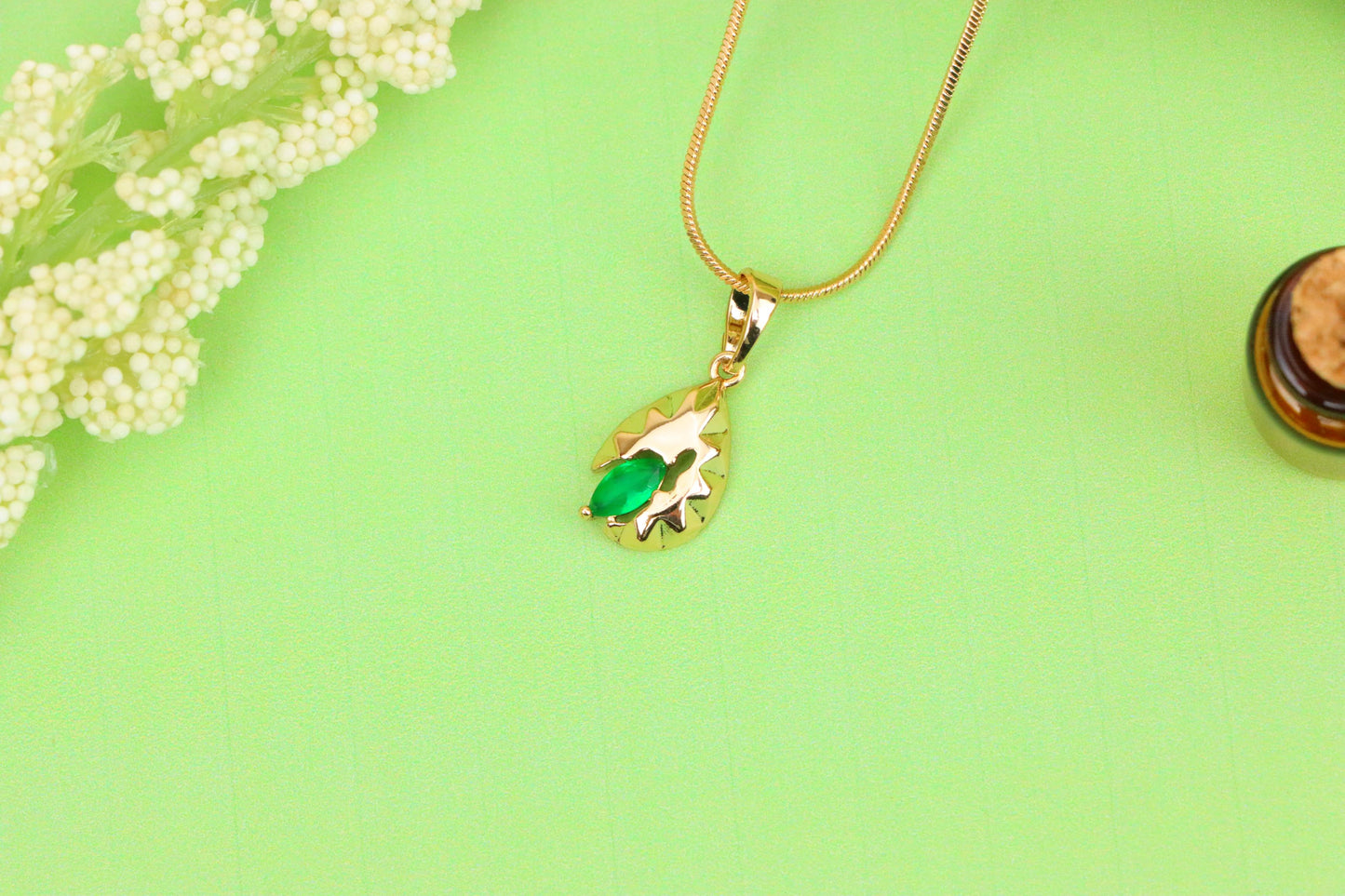 Teardrop Leaf Pendant with Marquise Green Stone in Gold Finish, XPPT1726 (2150-9)