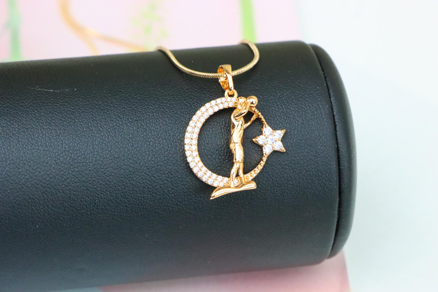 Basketball Player Moon Star Rose Gold Pendant for Men & Women, XPPT1281 (2128-7)