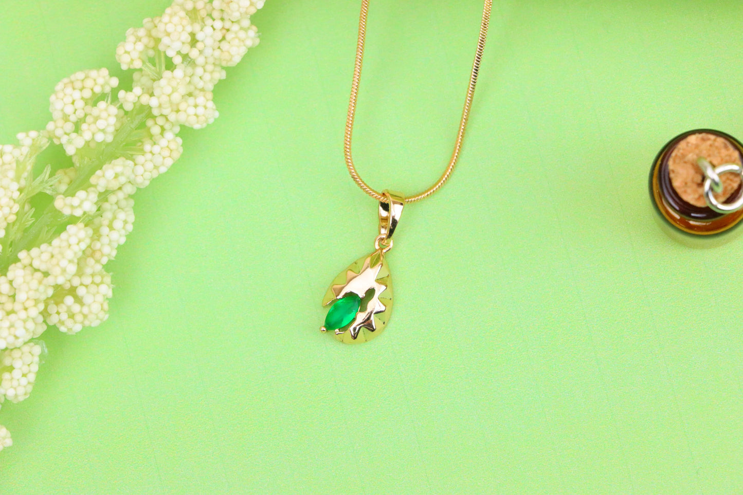 Teardrop Leaf Pendant with Marquise Green Stone in Gold Finish, XPPT1726 (2150-9)