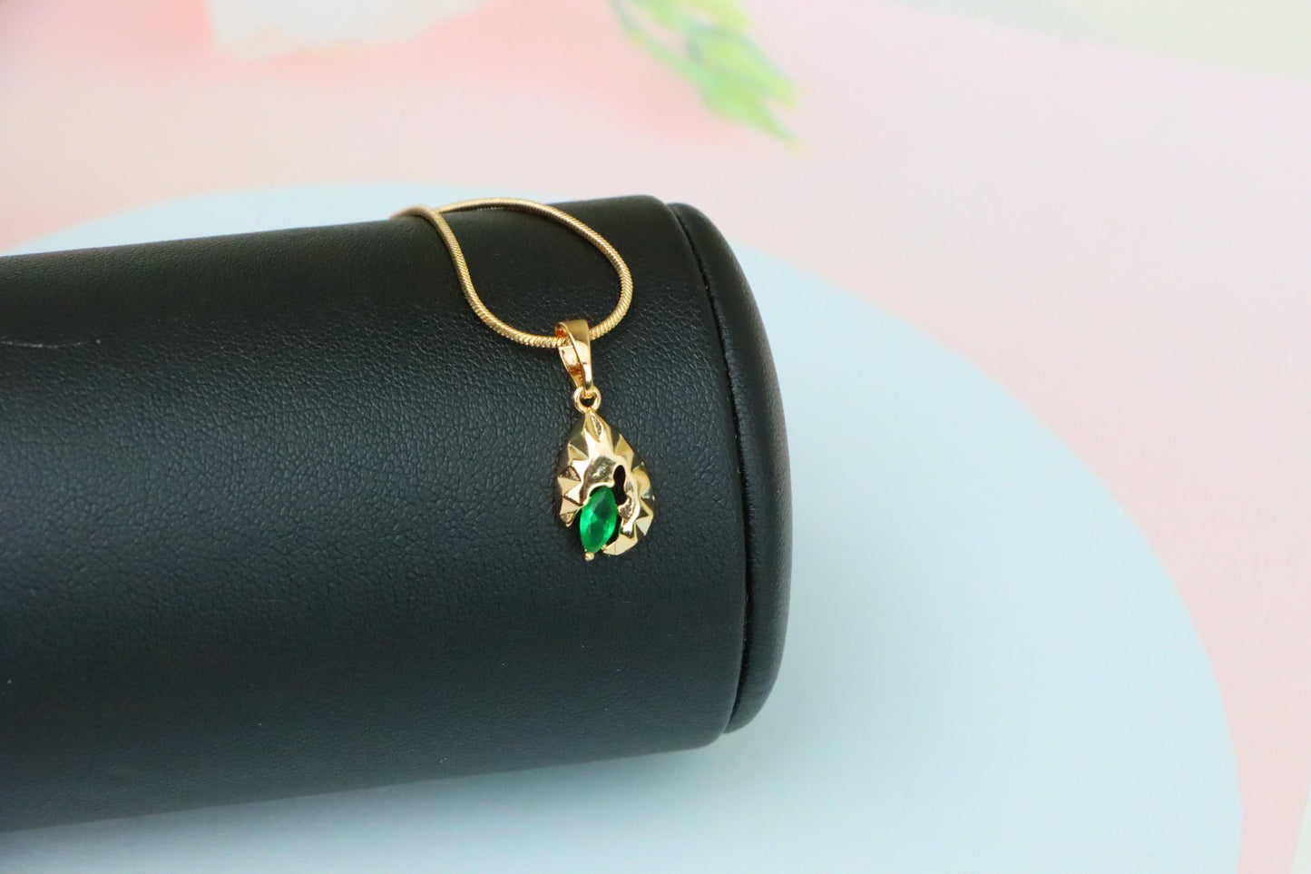Teardrop Leaf Pendant with Marquise Green Stone in Gold Finish, XPPT1726 (2150-9)