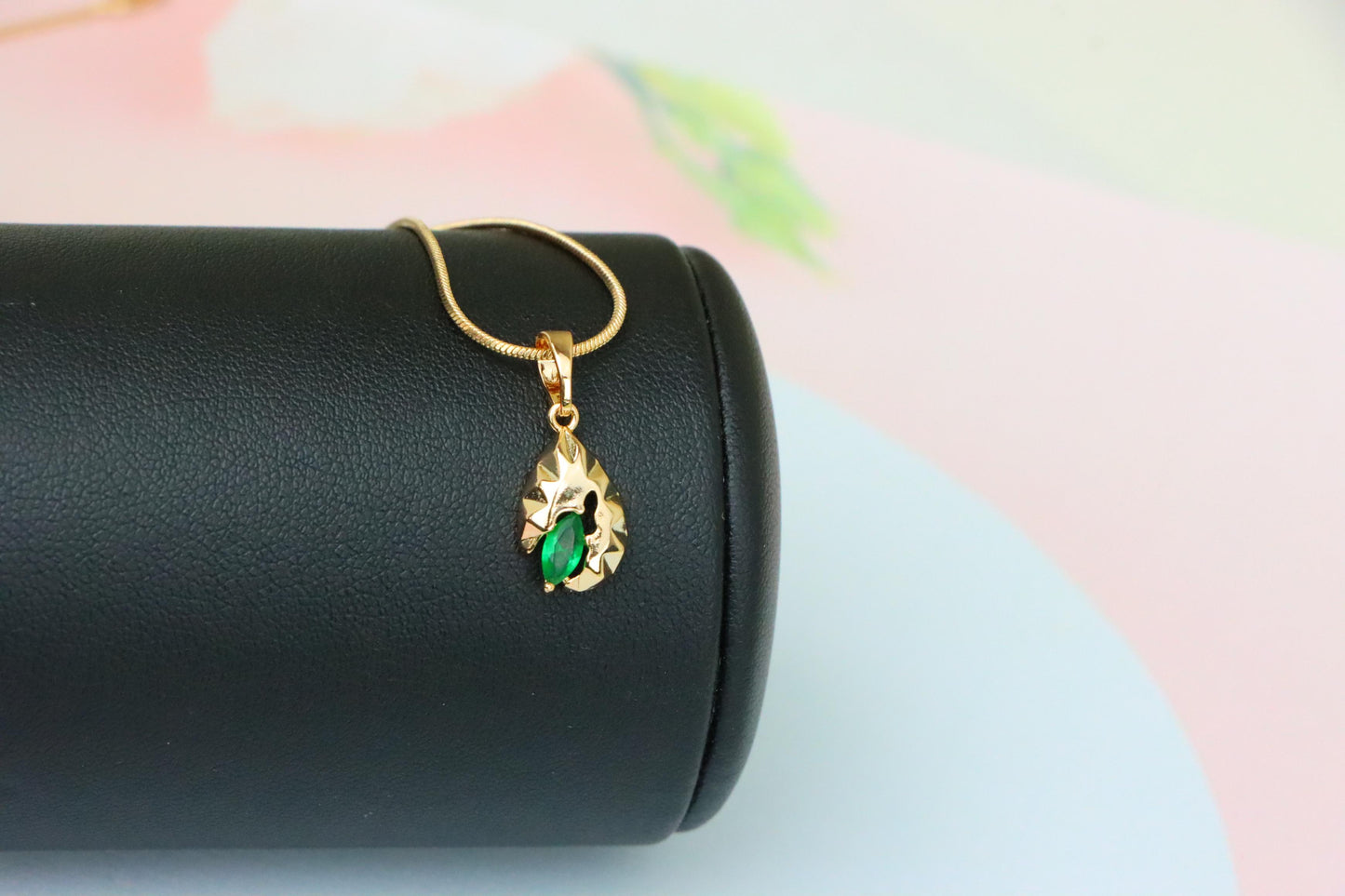 Teardrop Leaf Pendant with Marquise Green Stone in Gold Finish, XPPT1726 (2150-9)