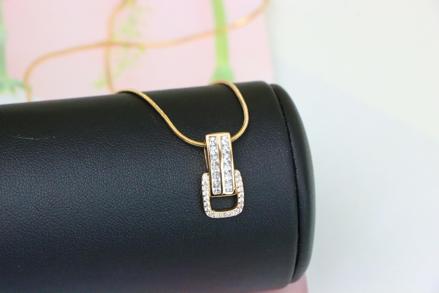 Modern Geometric Rectangle Rose Gold Pendant with Sparkling Accents, XPPT1282 (2128-8)