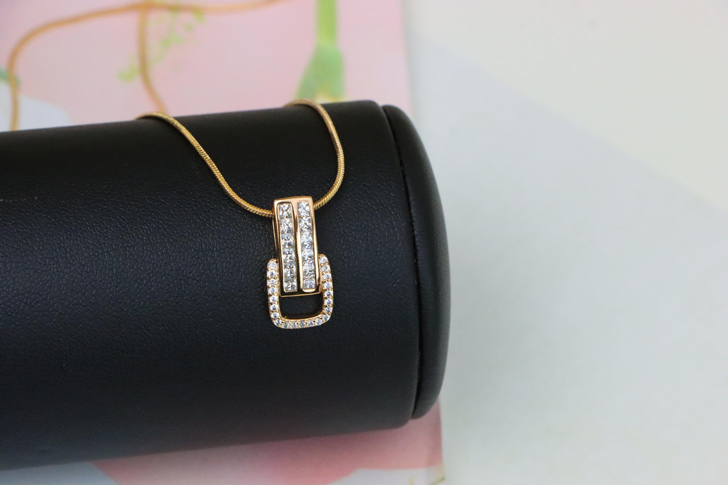 Modern Geometric Rectangle Rose Gold Pendant with Sparkling Accents, XPPT1282 (2128-8)
