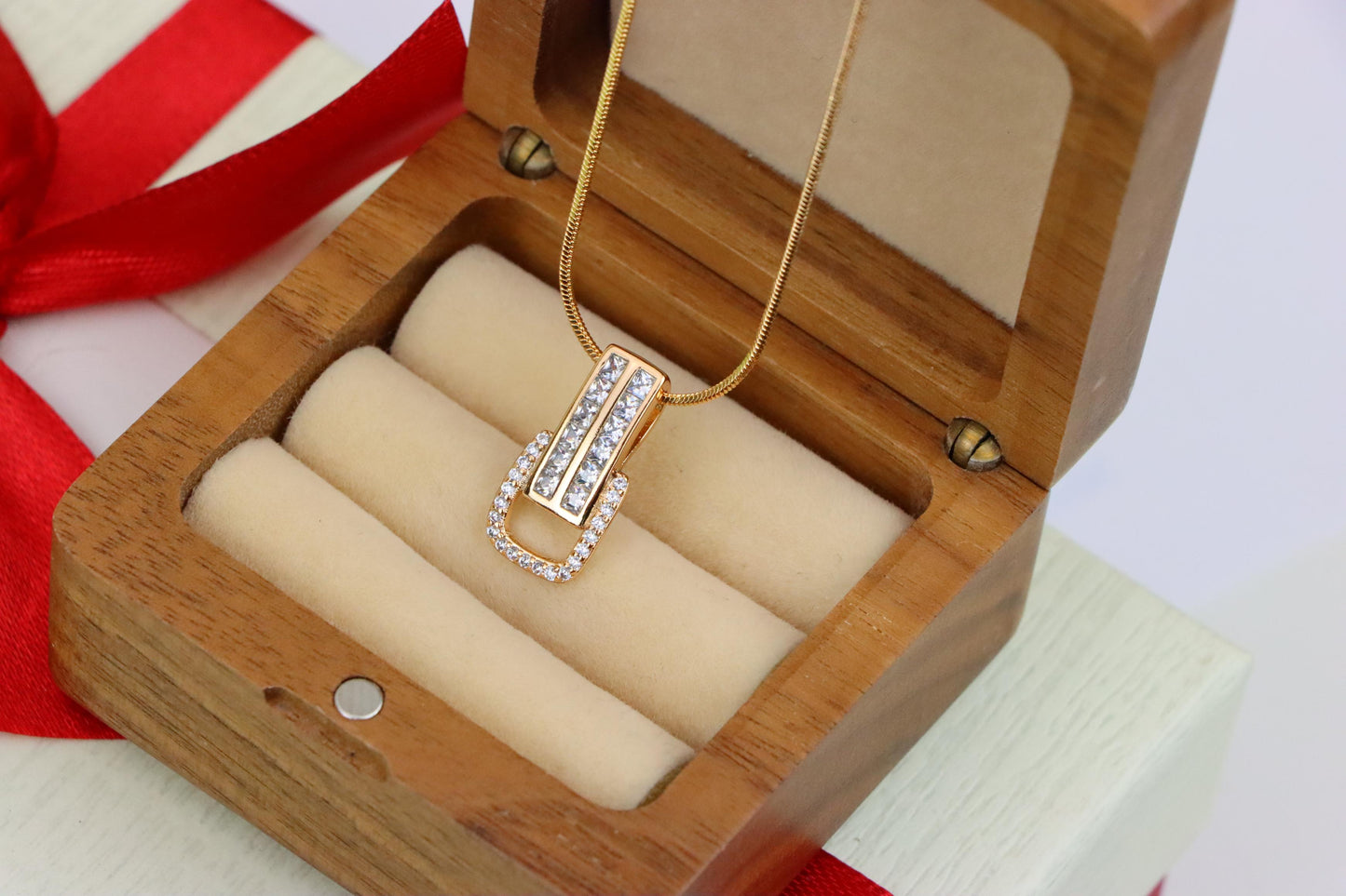 Modern Geometric Rectangle Rose Gold Pendant with Sparkling Accents, XPPT1282 (2128-8)