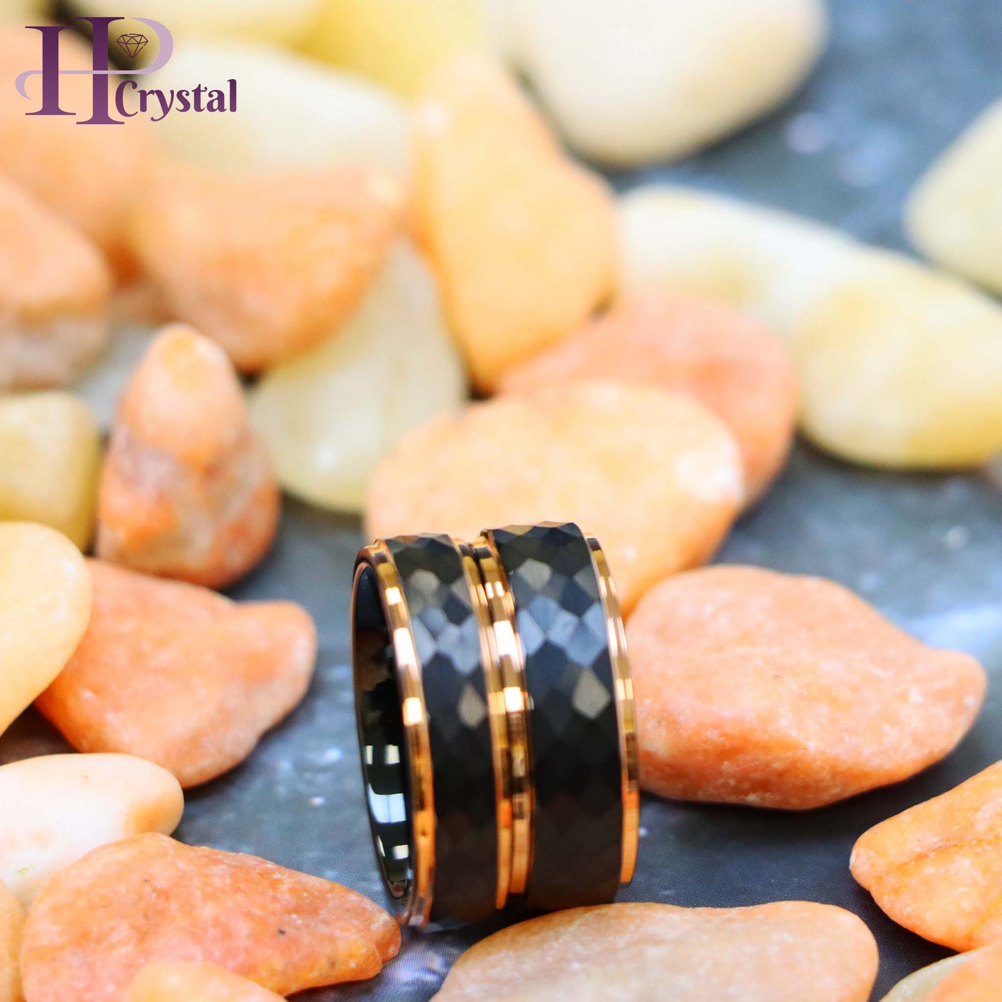 Two-Tone Black & Rose Gold IP Plated Hammered Center Tungsten Ring