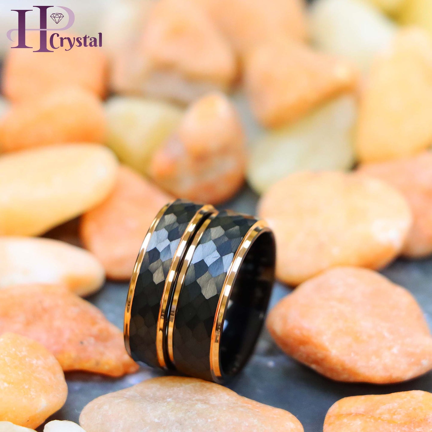 Two-Tone Black & Rose Gold IP Plated Hammered Center Tungsten Ring
