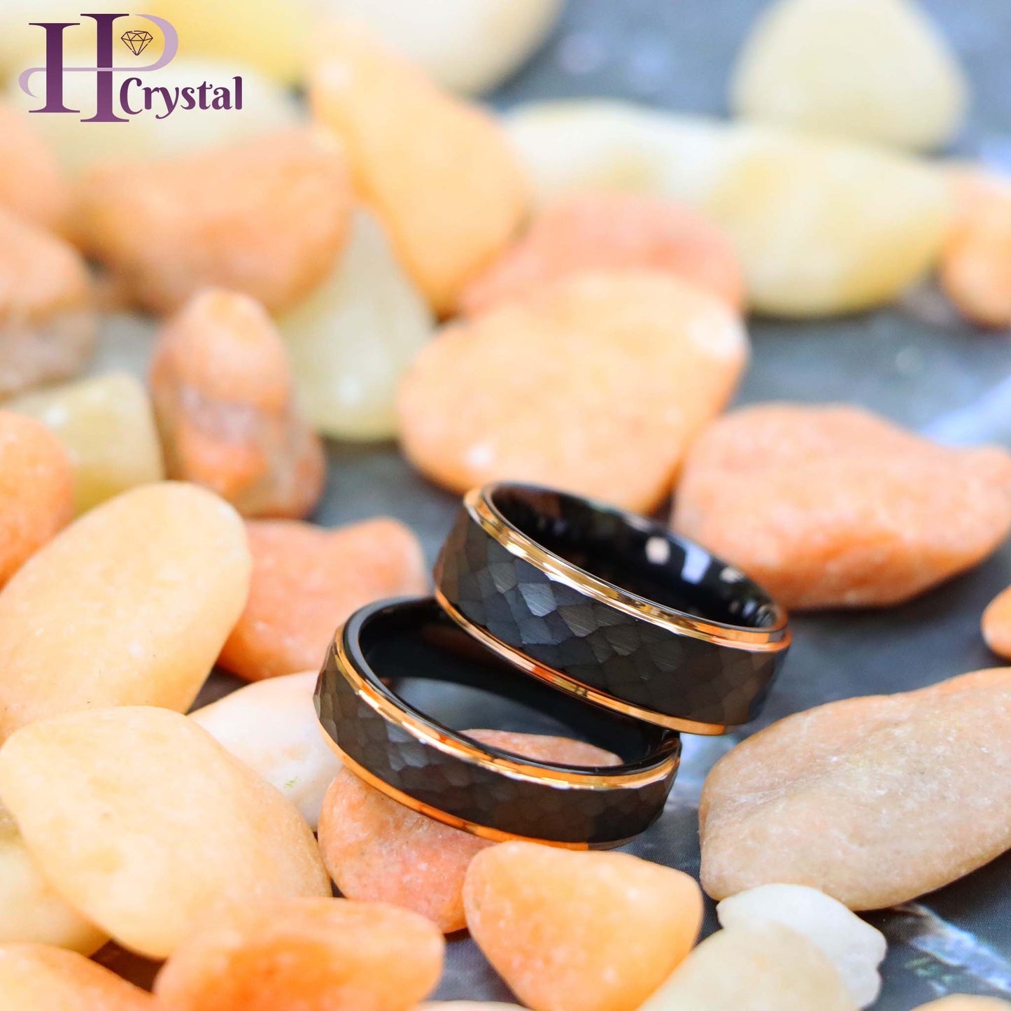 Two-Tone Black & Rose Gold IP Plated Hammered Center Tungsten Ring