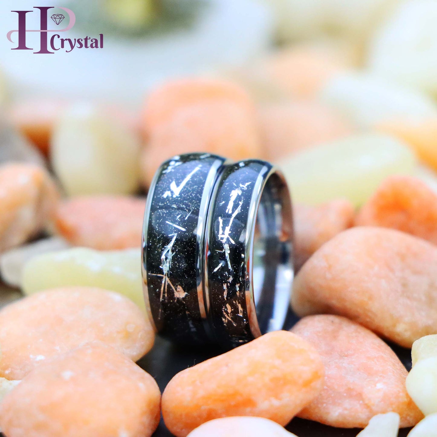 Domed Ring with Imitation Meteorite on Black Carbon Fiber Inlay Tungsten Ring