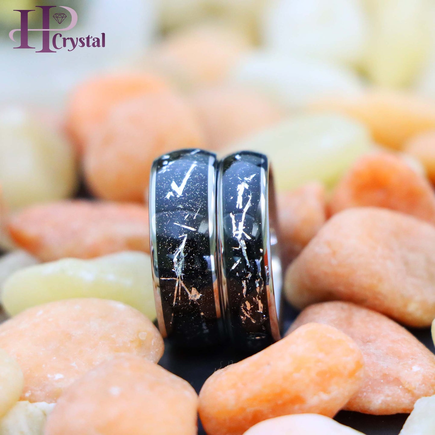 Domed Ring with Imitation Meteorite on Black Carbon Fiber Inlay Tungsten Ring