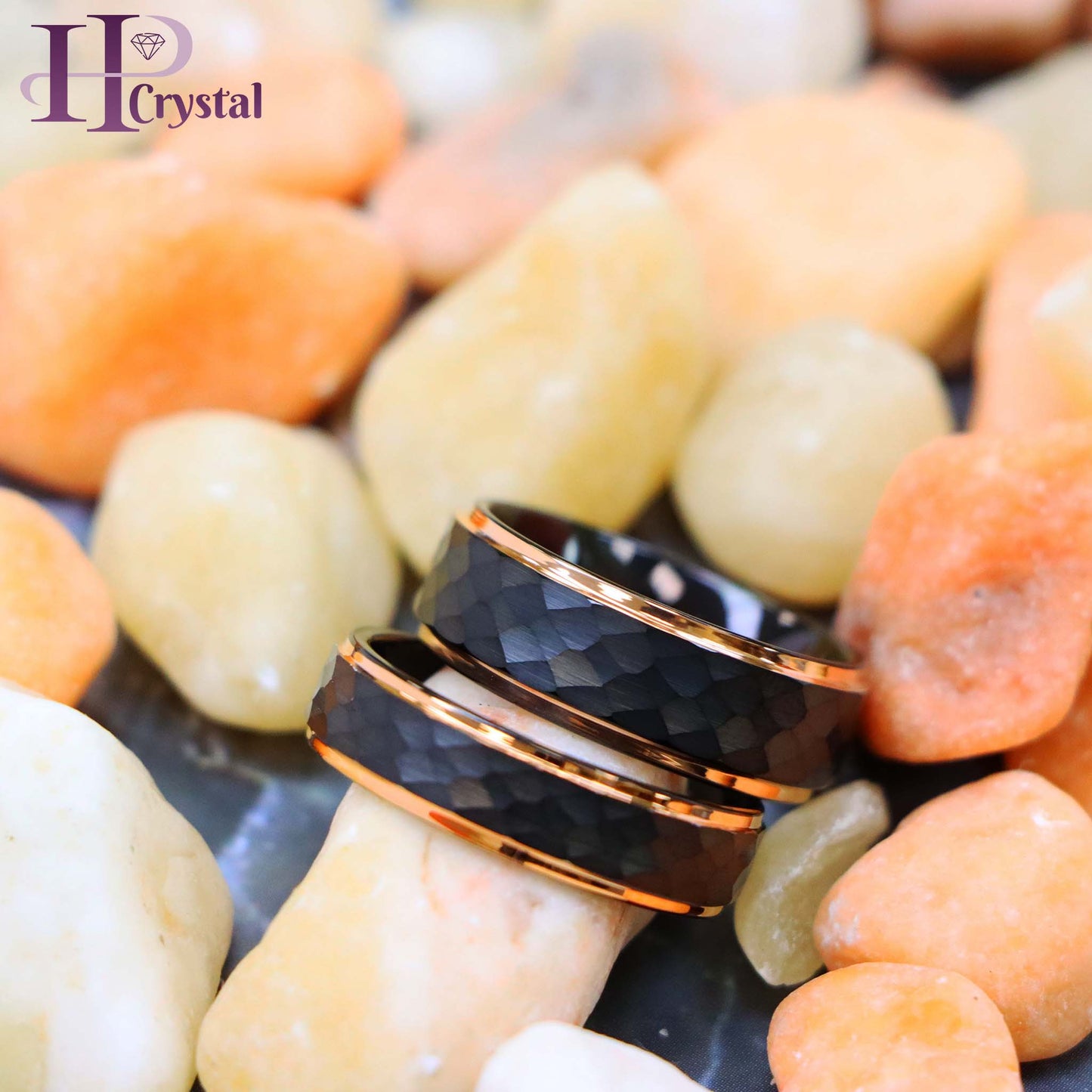 Two-Tone Black & Rose Gold IP Plated Hammered Center Tungsten Ring